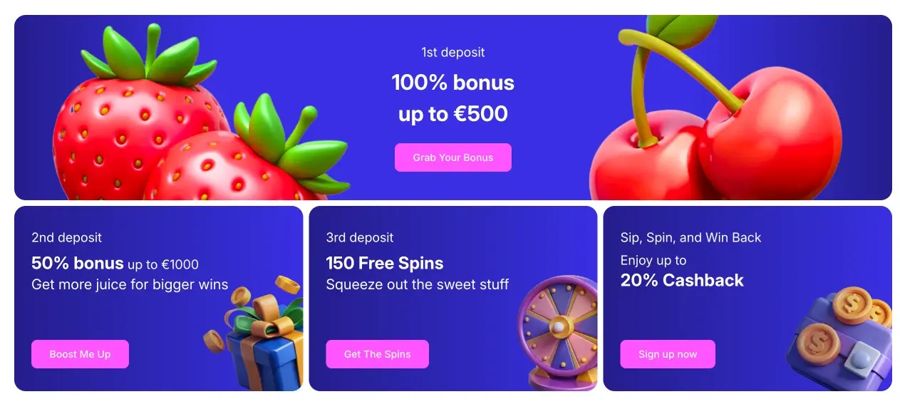 Zumo Casino welkomstbonus pakket met 100 procent bonus tot 500 euro op de eerste storting, 50 procent bonus tot 1000 euro op de tweede storting, 150 gratis spins op de derde storting en tot 20 procent cashback
