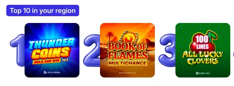 Top 10 populaire online gokkasten in jouw regio met de spellen Thunder Coins Hold and Win 3x3 van Playson, Book of Flames Multichance van Novomatic en All Lucky Clovers van BGaming